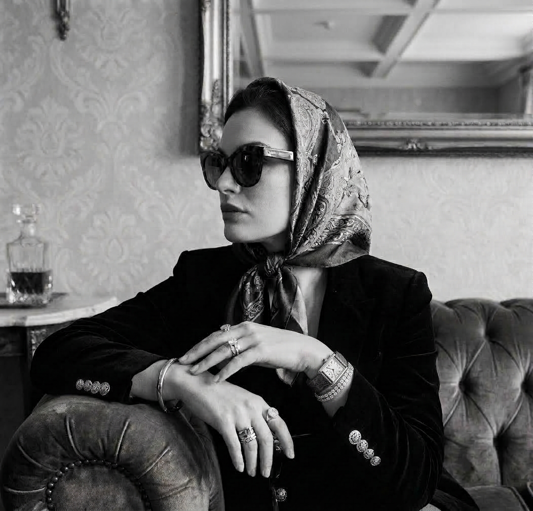 Woman wearing sunglasses and a patterned headscarf at a seaside cafe